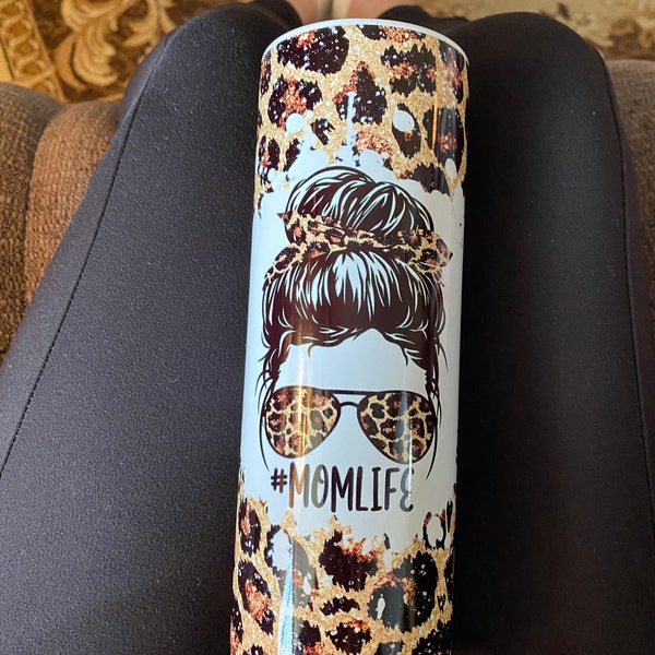 20 OZ Glitter Leopard Mom Life Messy Bun Skinny Tumbler Design ...