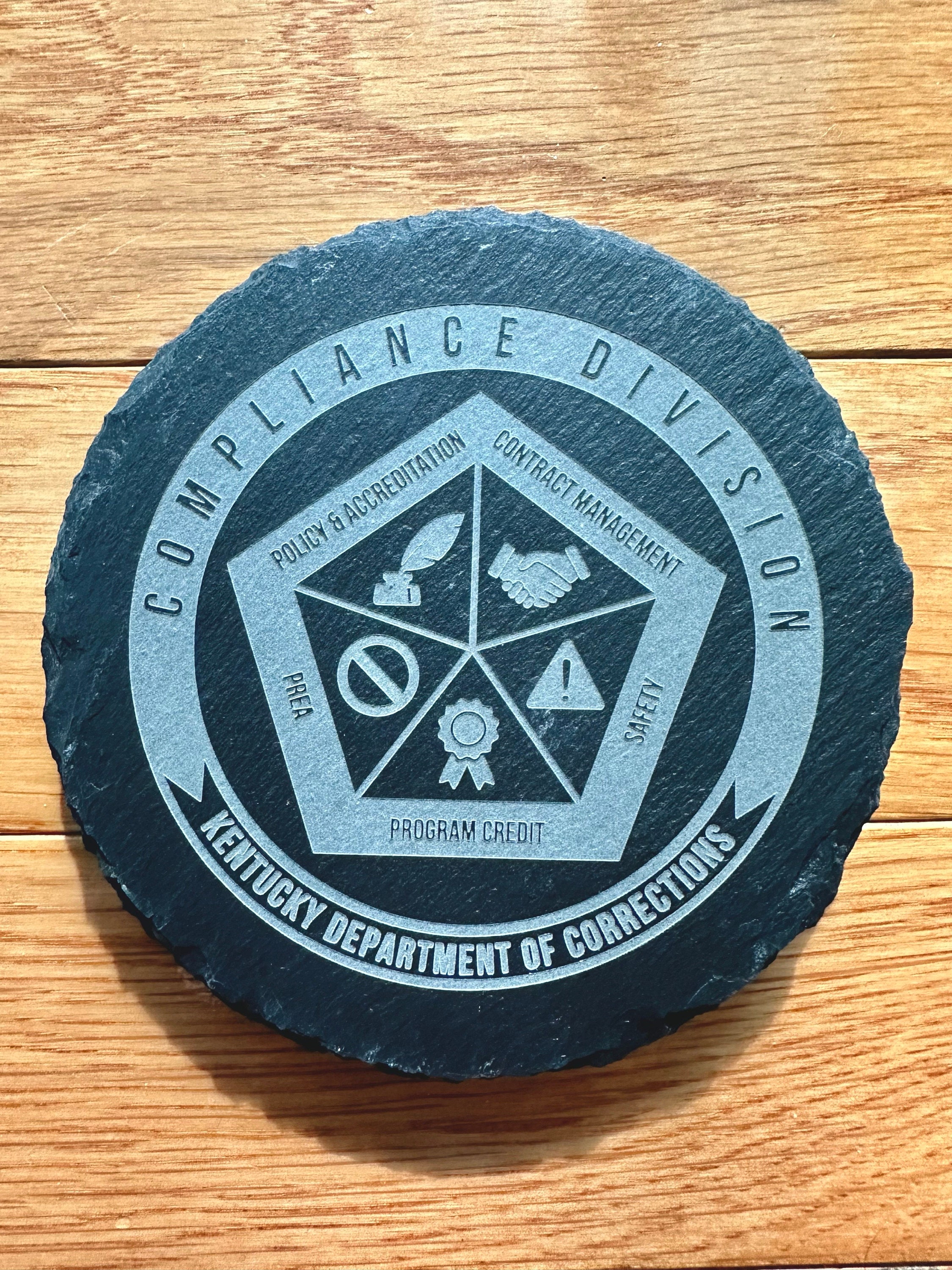 Customer photo of Custom Logo Engraved Slate Coaster from Amelia