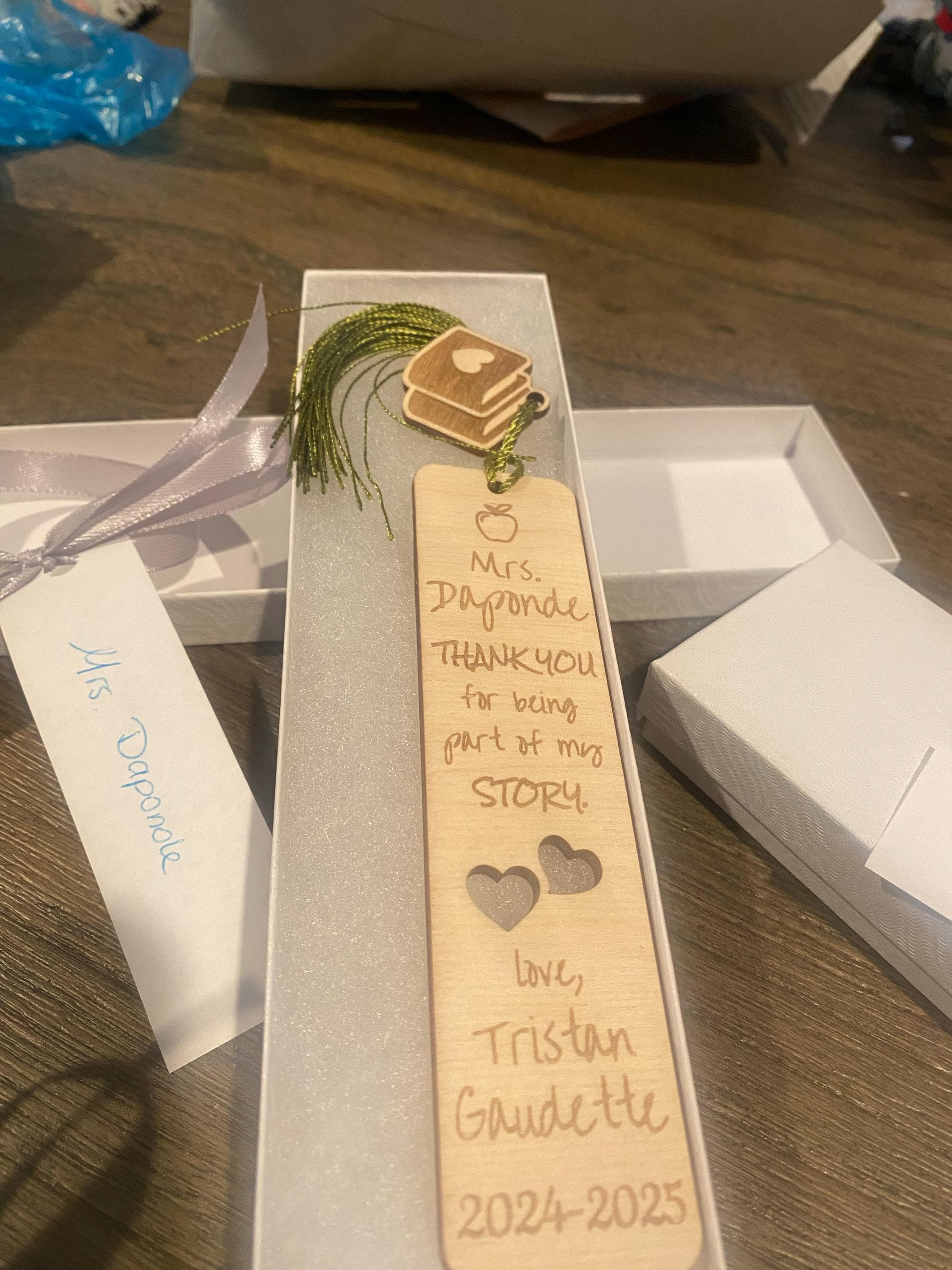 Teacher Appreciation Gift Personalized Thank You Wooden Engraved Bookmark with charm, gift boxed ready to give