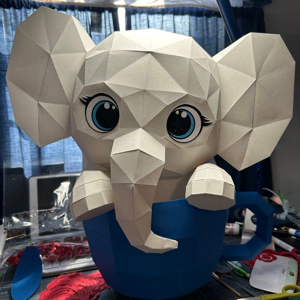 Cute Elephant in Cup 3d Paper Craft SVG and PDF, Low Poly Paper Craft ...