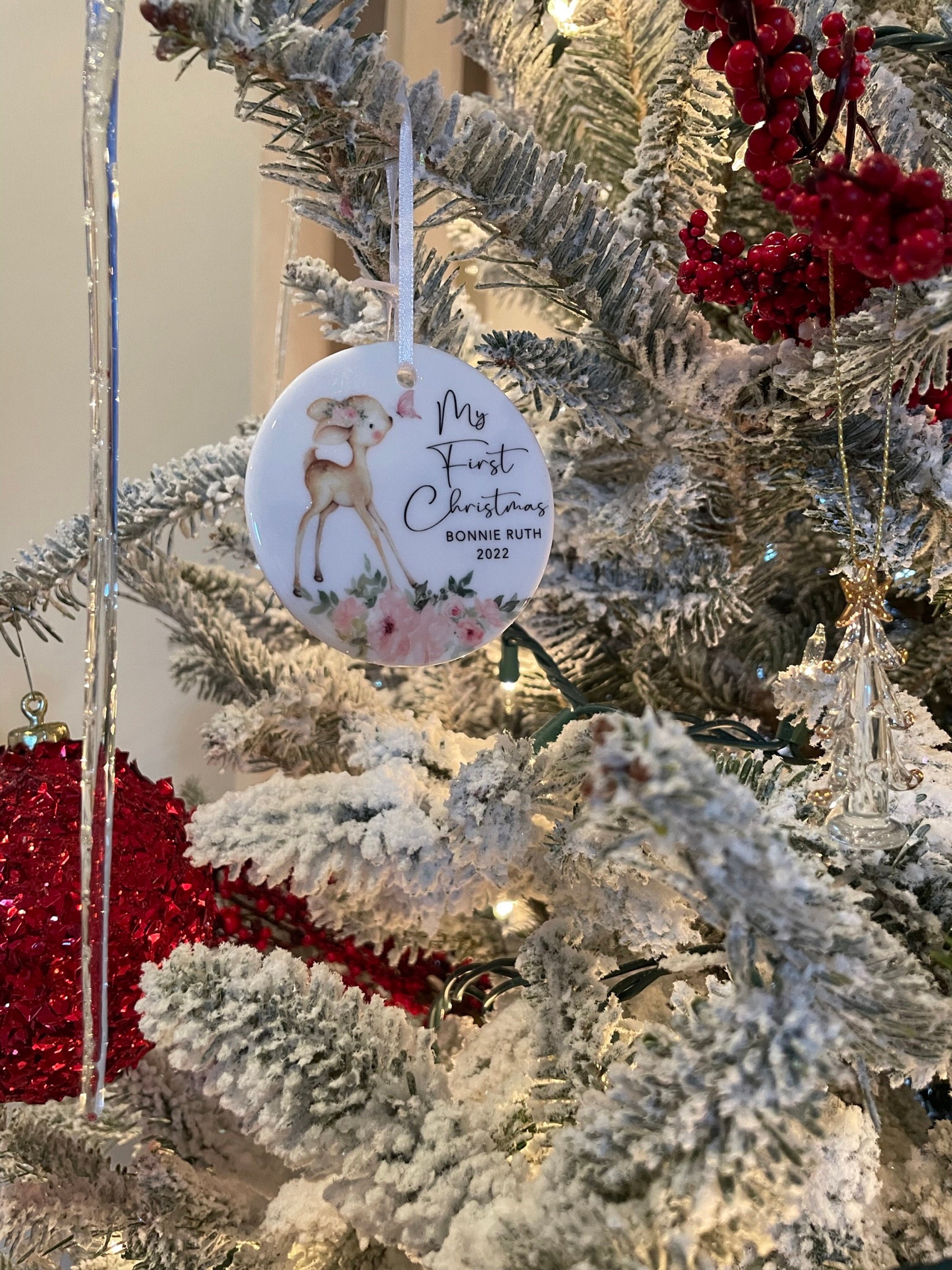 Baby&#39;s First Christmas Ornament - Personalized Baby Girl Deer Christmas Ornament