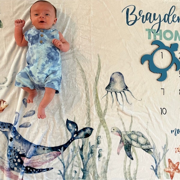 Under the Sea Baby Milestone Blanket, Whale Baby Blanket, Ocean Nursery ...