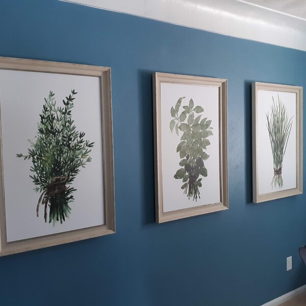 Herbs Bundle Thyme Basil Chive Set 3 Herb Art Prints Green Kitchen Wall ...