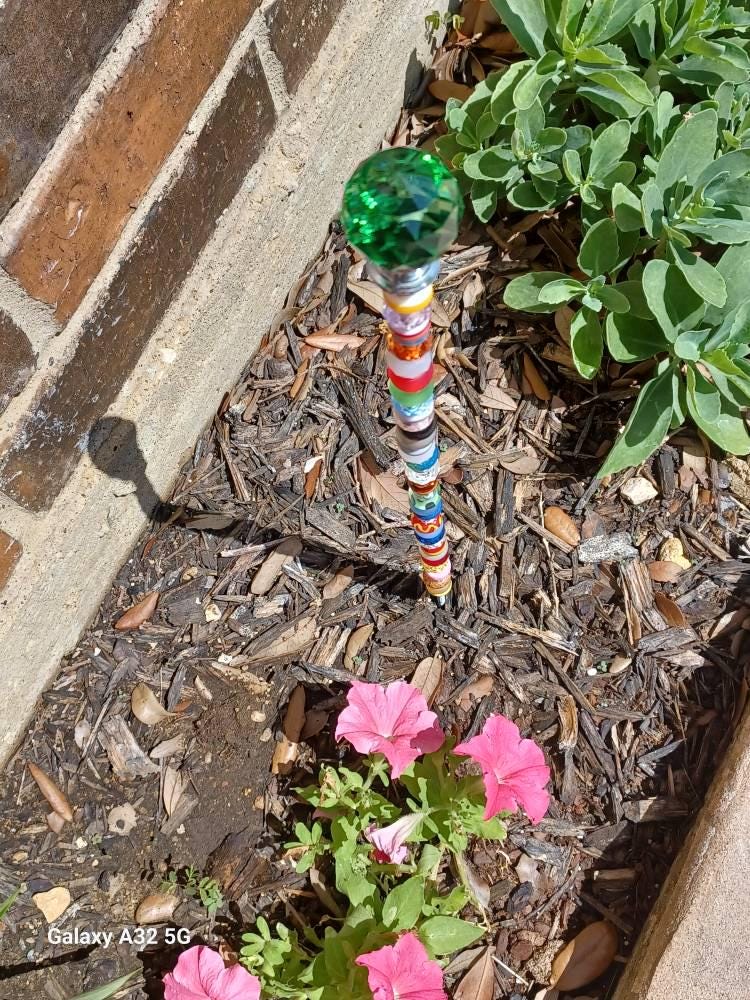 14 inch jeweled garden stake, planter stake, round prism garden stick, fairy garden stake, plant bling, potted plant stake, colorful, pretty