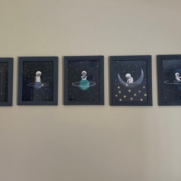 Set of 6 Astronaut Space Themed Nursery Decor Prints, Navy Blue Moon ...