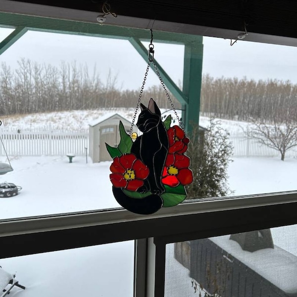 Suncatcher Black Cat in Poppy Flowers Stained Glass Window Hangins ...