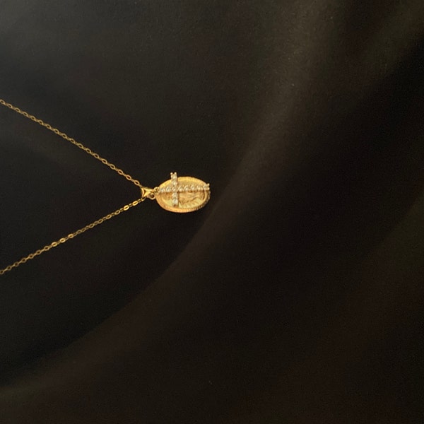 14k Gold Filled Oval Blessed Mother Virgin Mary and Cross, Our Lady of ...