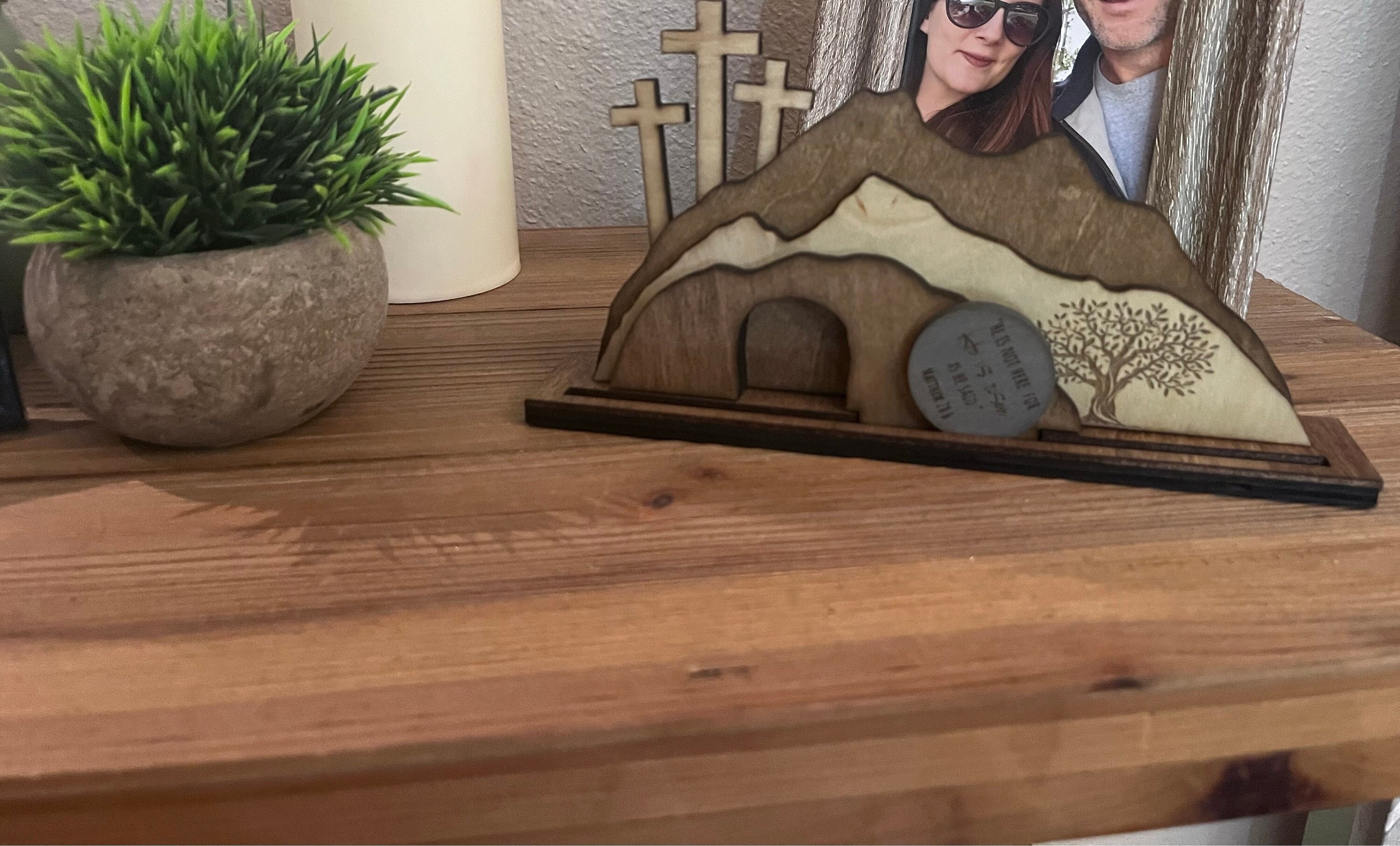 Empty Tomb &quot;He is Risen&quot; Decoration with Cross and Olive Tree, Religious, Christian, Easter Display, Easter Tomb, Laser Cut