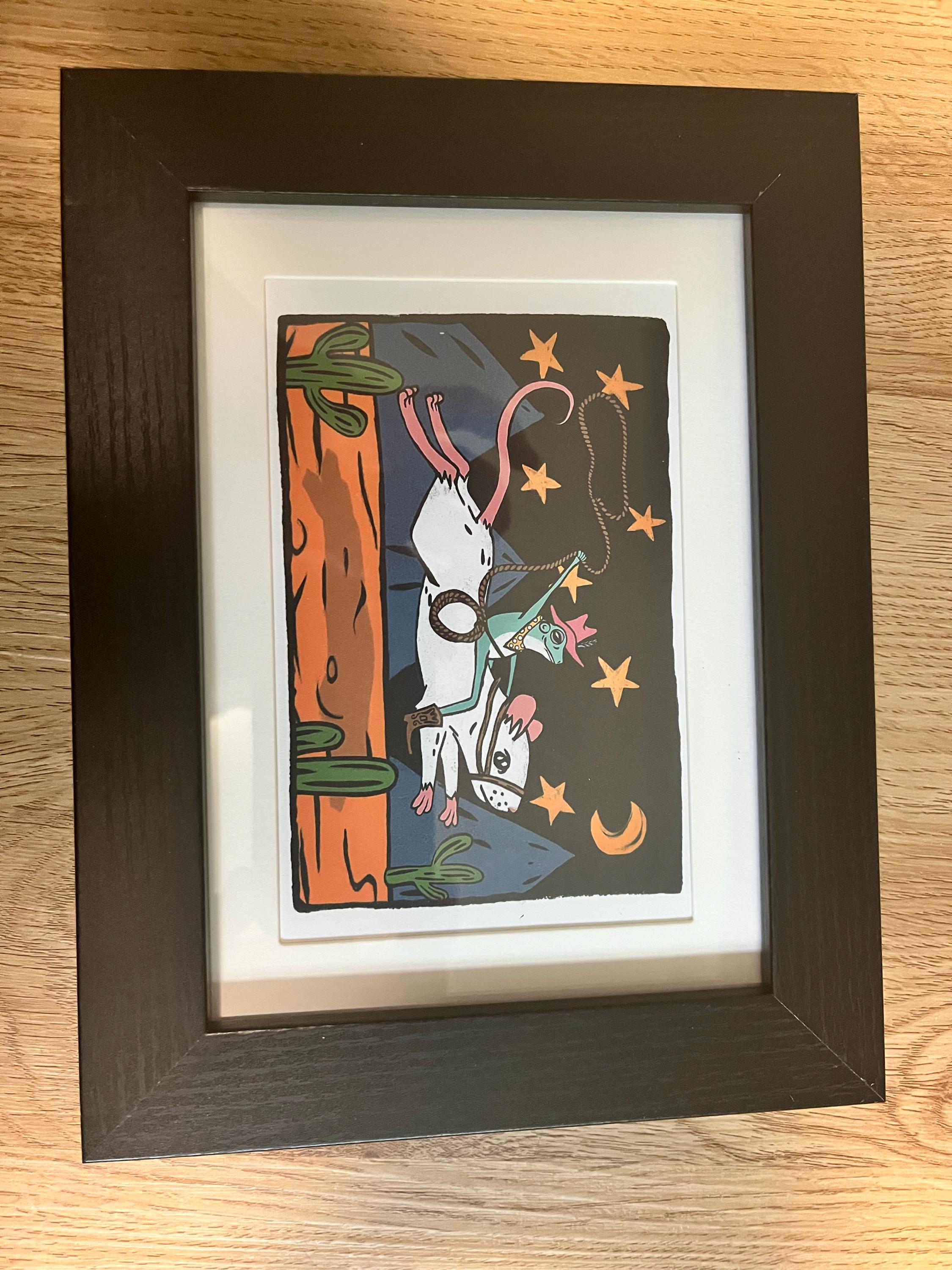 Framed Cowboy Frog Riding Mouse Print - ready to hang 4"x6" wall print whimsical funny colorful rodeo frog wearing cowboy hat art poster