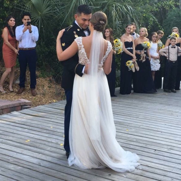 Elegant Champagne Ribbon Two-Tier Wedding Blusher Veil