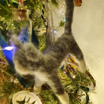 Gray and White Tuxedo Cat Ornament, Hand Felted Wool Cat Decoration