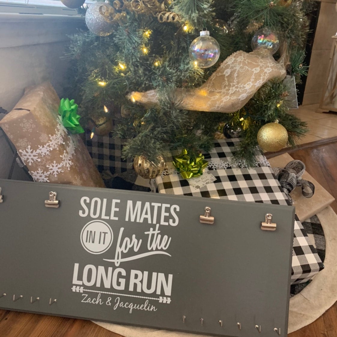 Couples Race Bib Medal Holder - Sole Mates Race MEDAL Bib Display - CUSTOMIZE Name Gift Idea Perfect Couples who Run