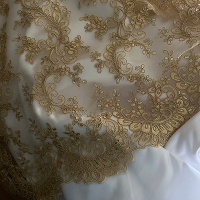 LT-GOLD METALLIC DAMASK LACE EMBROIDERY ON A TEXTURE MESH-BY YARD.