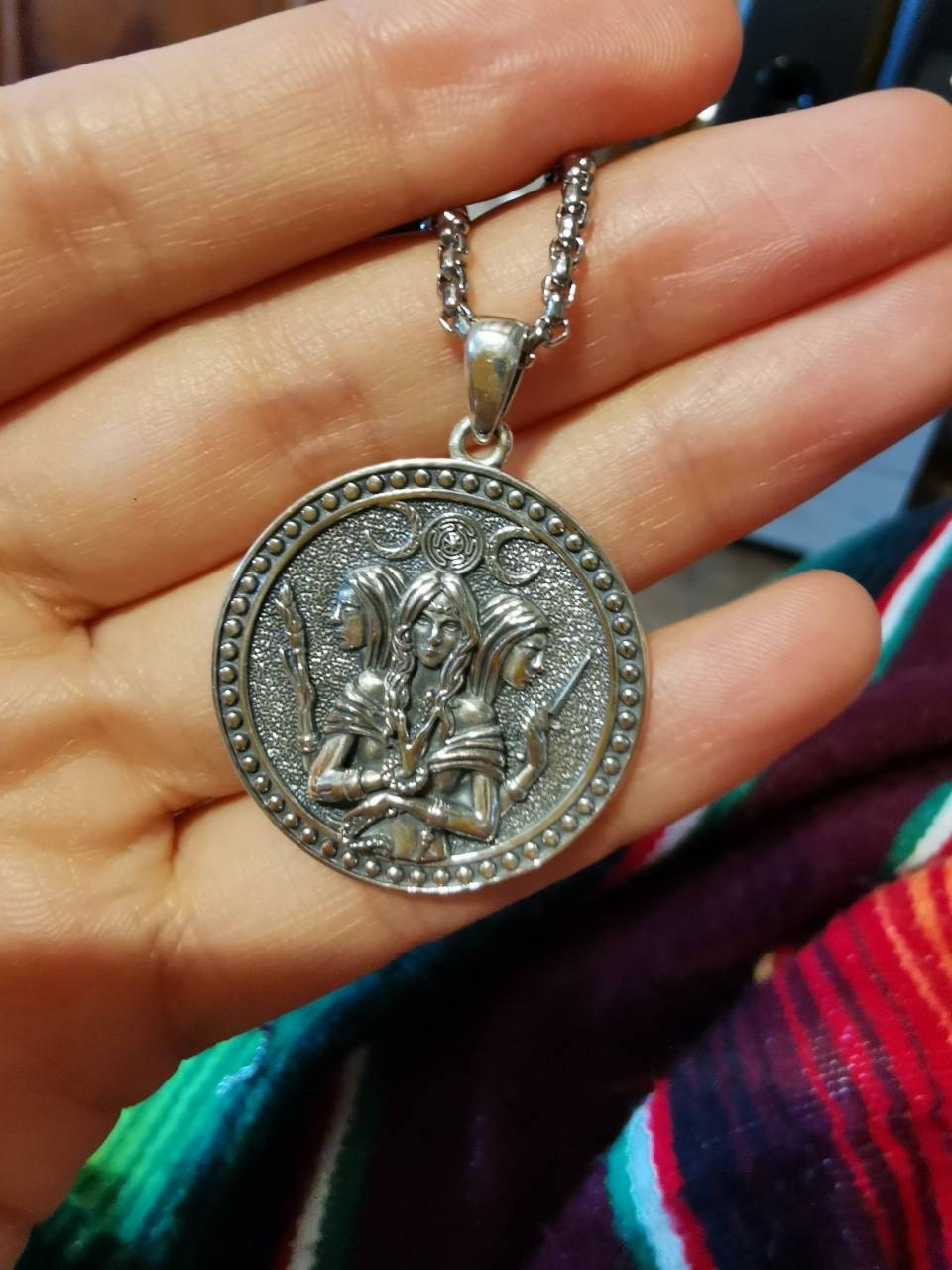 Sterling Silver Exquisite Triple Moon Goddess Necklace, Goddess Statue Medal, Full Moon Hecate Pendant, Occult Jewelry, Feminine Energy Gift