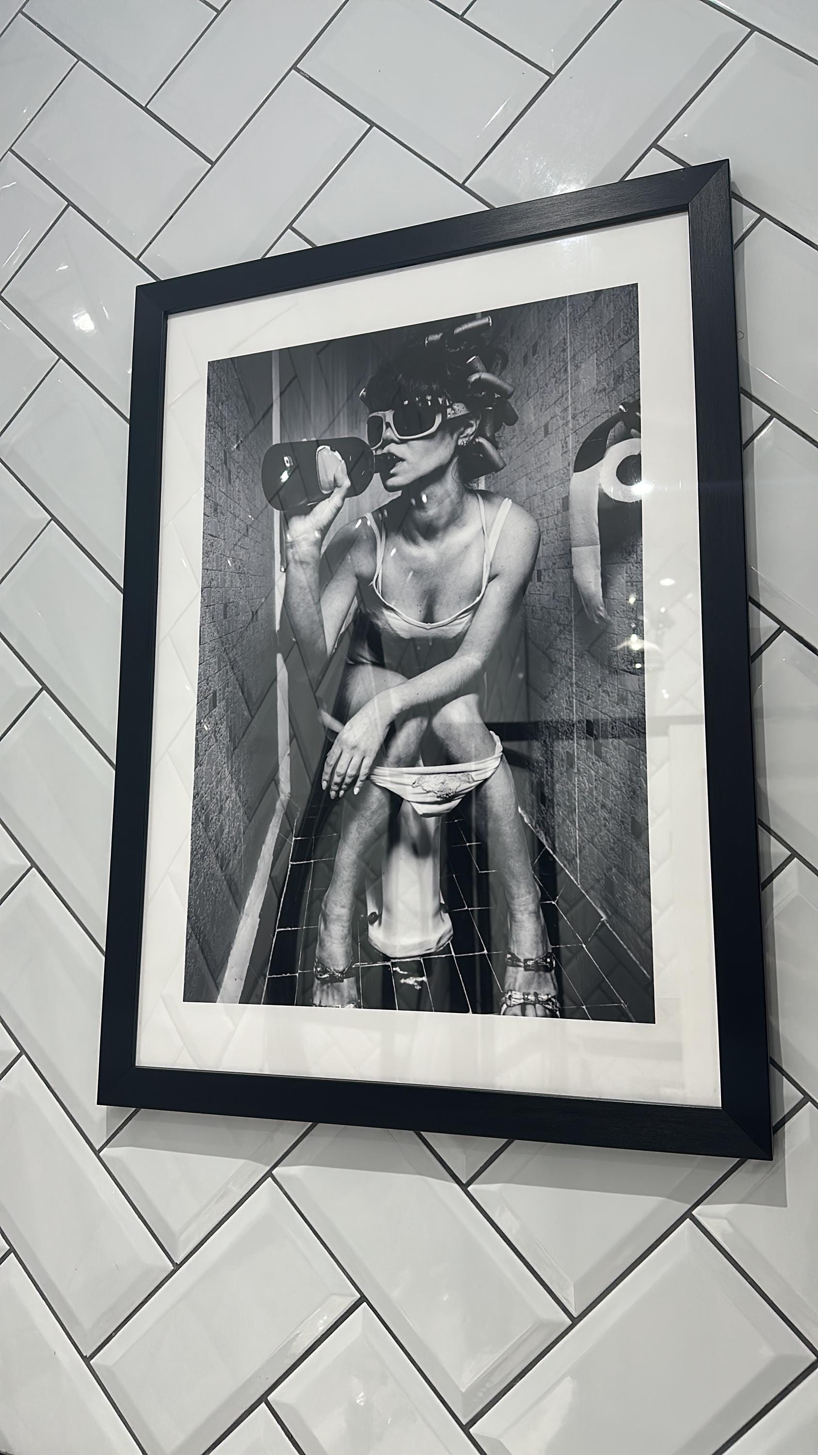 Drinking in the Bathroom, Girl on the Toilet, Black and White Bathroom Prints, Framed Print/Poster or Downloadable Art