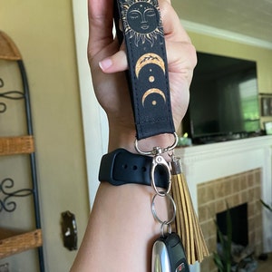 DQL Halloween Keychain Wristlet Strap Keychain Car Key Wristlet, Black Wrist Lanyard Boho Sun and Moon Hand Wrist Lanyard Keychain Holder (Black Sun)