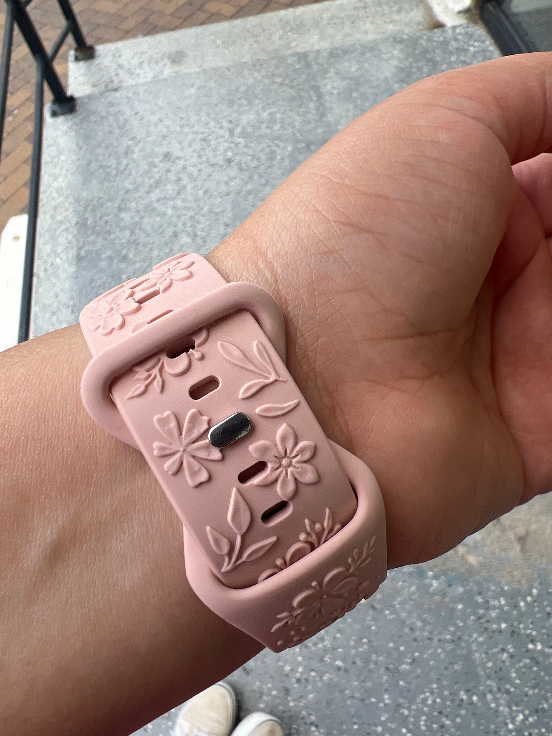 Floral Engraved Bands Apple Watch Band 40mm 41mm 38mm 42mm 44mm 45mm 49mm Women,Silicone Embossed Cherry Blossoms Band iWatch Series 9 8 7-1