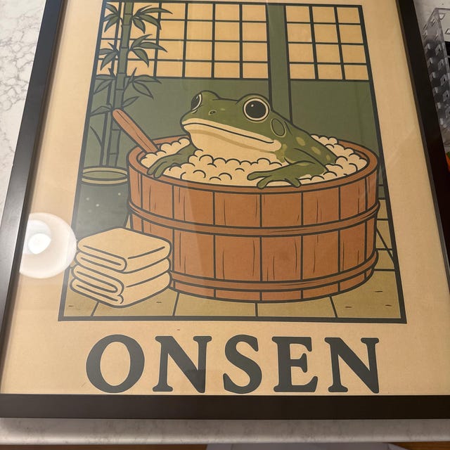 Japanese Frog in a Bathtub Print, Onsen Japanese Bathroom Wall Art