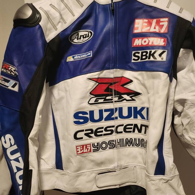 Men Suzuki Motorbike Leather Racing Jacket Blue & White Available