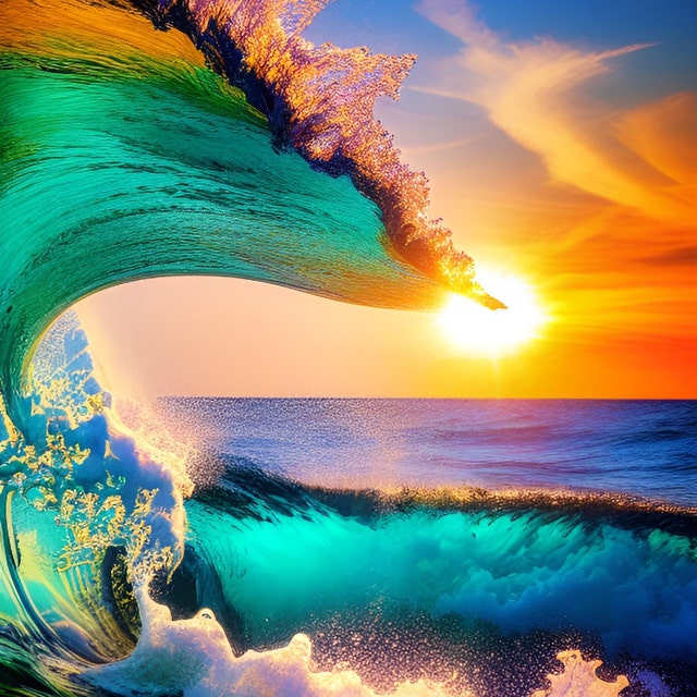 Beautiful Colorful Ocean Waves Sunset Art . Blue Sky Clouds Water