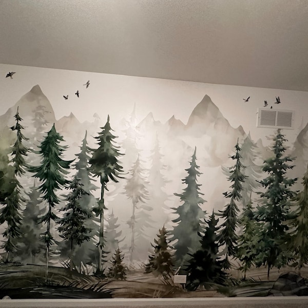 Woodland Watercolor Peel and Stick Wall Mural - Fairy Pine Tree Kids ...
