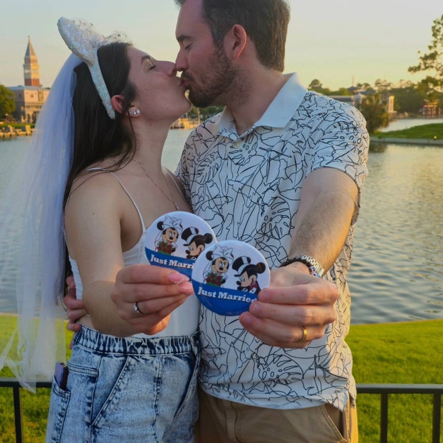 Just Married Disney Button – Celebration Pin, Cruise, Park Wedding
