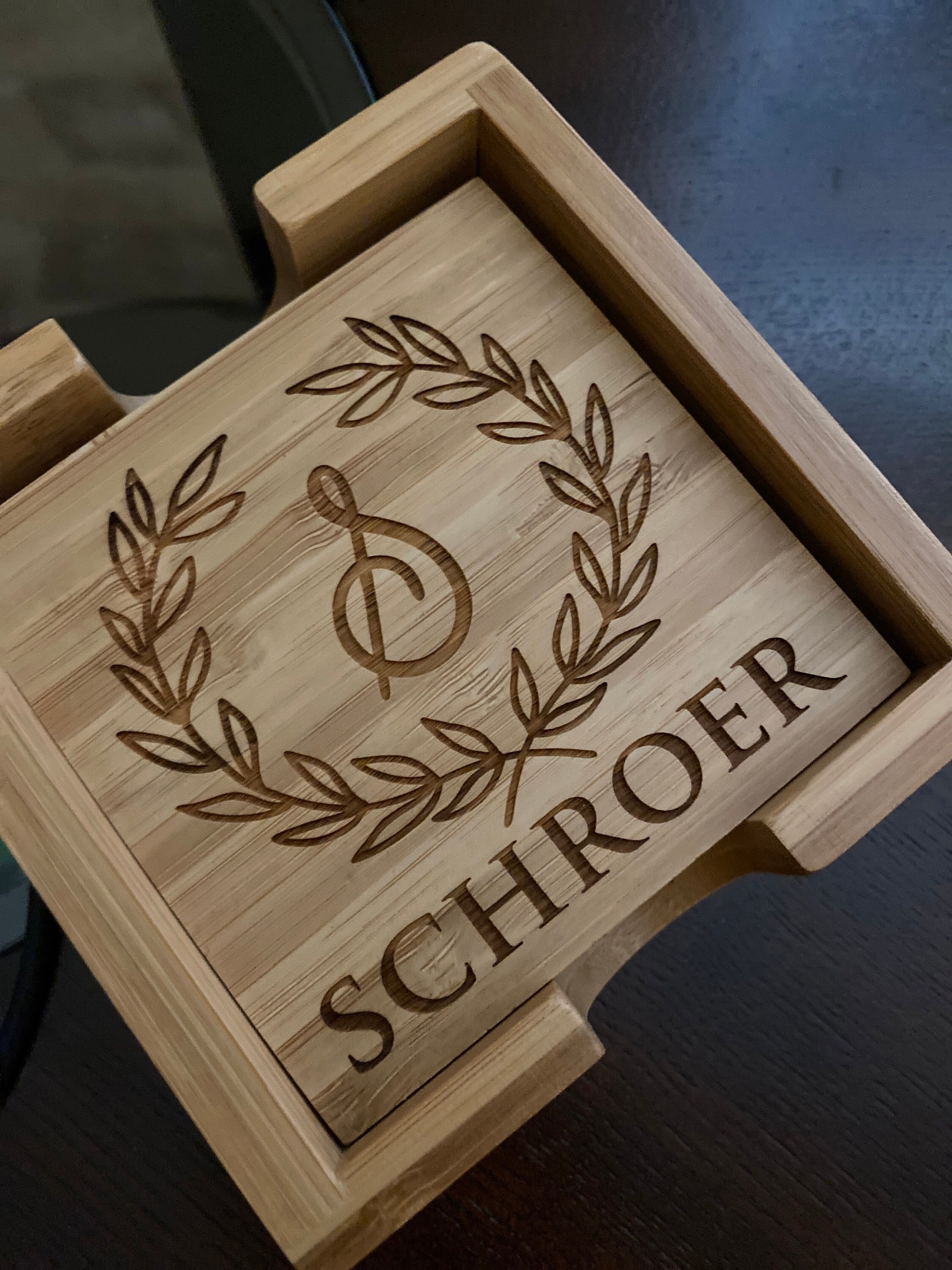 Personalized Coasters, Square 4 Coaster Set with Holder, Bamboo Coaster