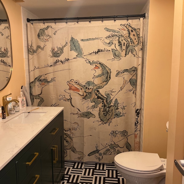Frog Shower Curtain, Frog Decor, Japanese Decor, Kawanabe Kyosai