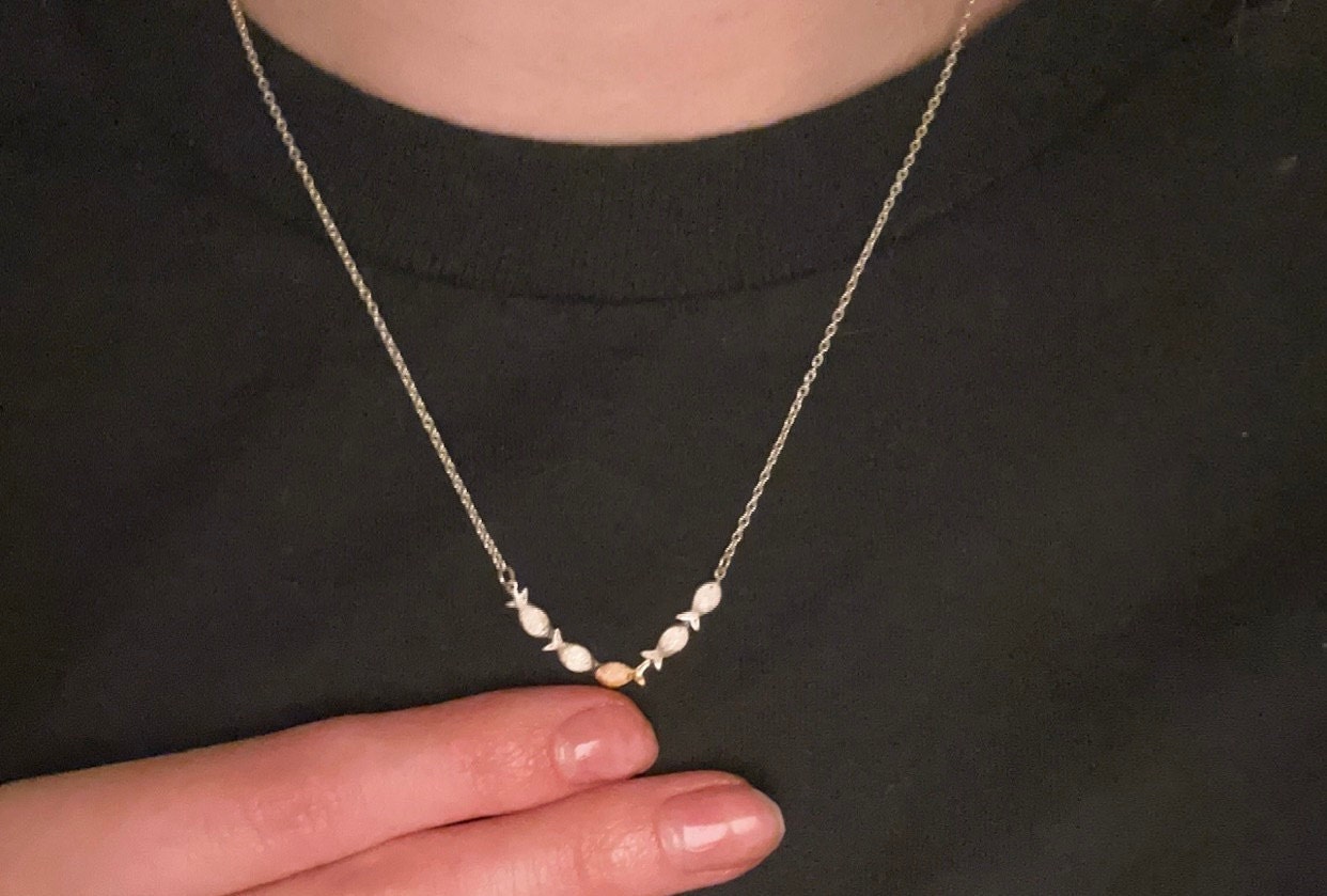 Swimming against the current. Dainty silver necklace. School of fish with one golden enameled fish swimming upstream. Gift for her.
