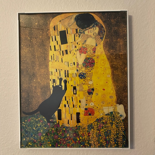 Print of klimt's the kiss with cat, black cat, funny cat