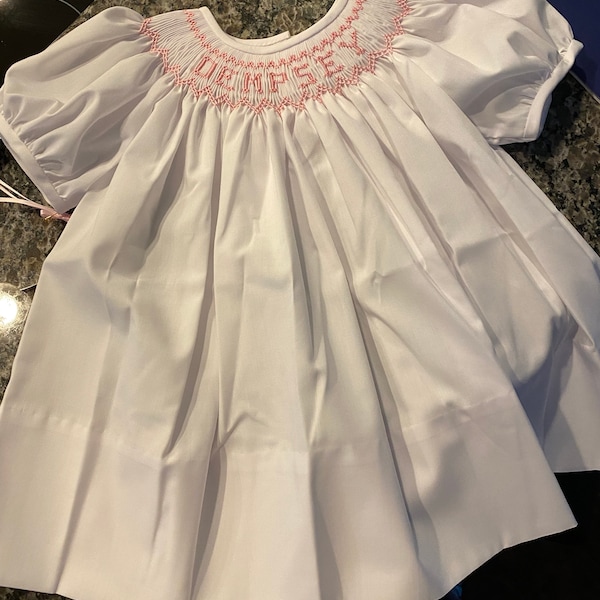 Smocked Dress/personalized/name/white/pink/pink Rick Rack Angel Sleeves ...