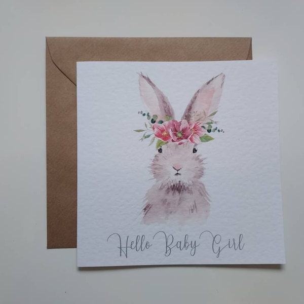New Baby Card - Hello Baby Girl - Rabbit Bunny New Baby Girl Card - New ...