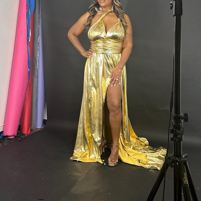 slim fit dress slacks Isabella Halter Dress in Golden Goddess