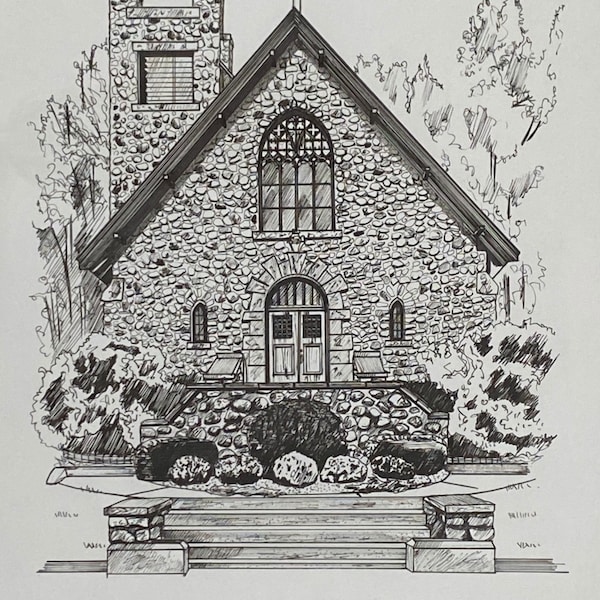 Custom Pen and Ink Church Drawing (gift for Anniversary, a Special Day ...