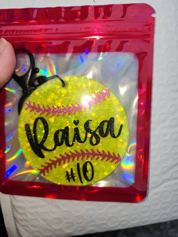 Custom, Glitter Softball Keychain/Bag Tag