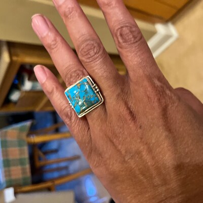 Oyster Copper Turquoise Rectangle Shape Gemstone Silver Ring 925 ...