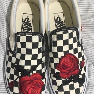 Checkered Slip on Vans Rose Embroidery Shoes Sewn on Rose - Etsy