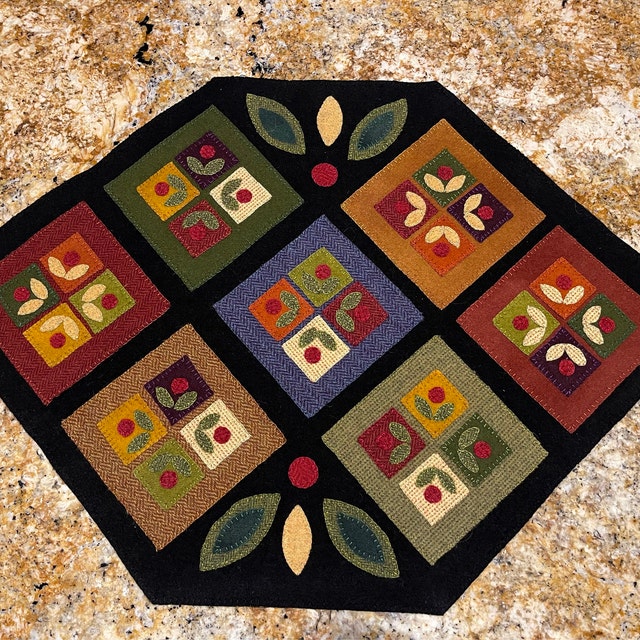 Wool Applique Pattern Kit Embroidery “Jacobean Autumn” table runner candle  mat primitive dyed wool fabric