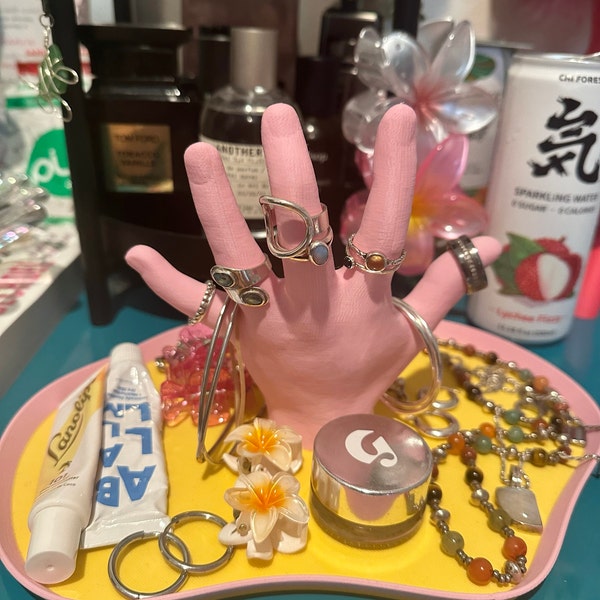 3D Printed Hand Tray – Pink & Yellow Jewelry, Trinket Organizer ...