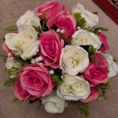 Artificial Silk Flower Arrangement Red and Ivory Crinkle Rose Bud Mix