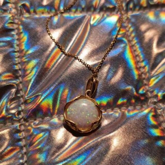 White Opal Necklace, 14K Gold Plated Silver Pendant