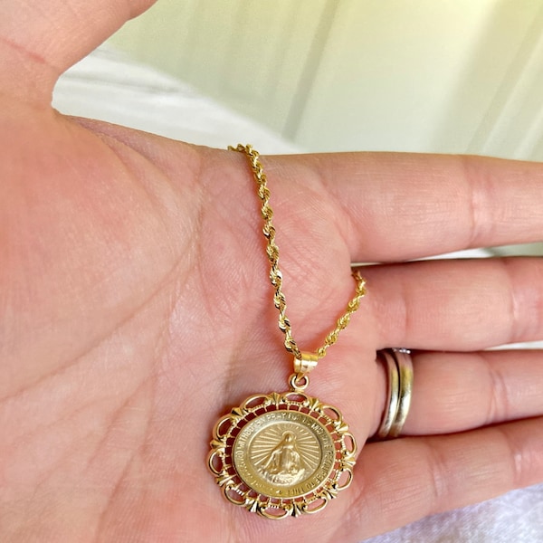 14K Solid Yellow Gold Miraculous Virgin Mary Pendant Necklace - Etsy