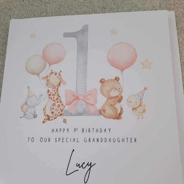 Personalised 1st Birthday Card For Daughter, Son, Granddaughter Or Grandson – Custom Name With Cute Animal & Balloon Letters – Baby Greeting Card