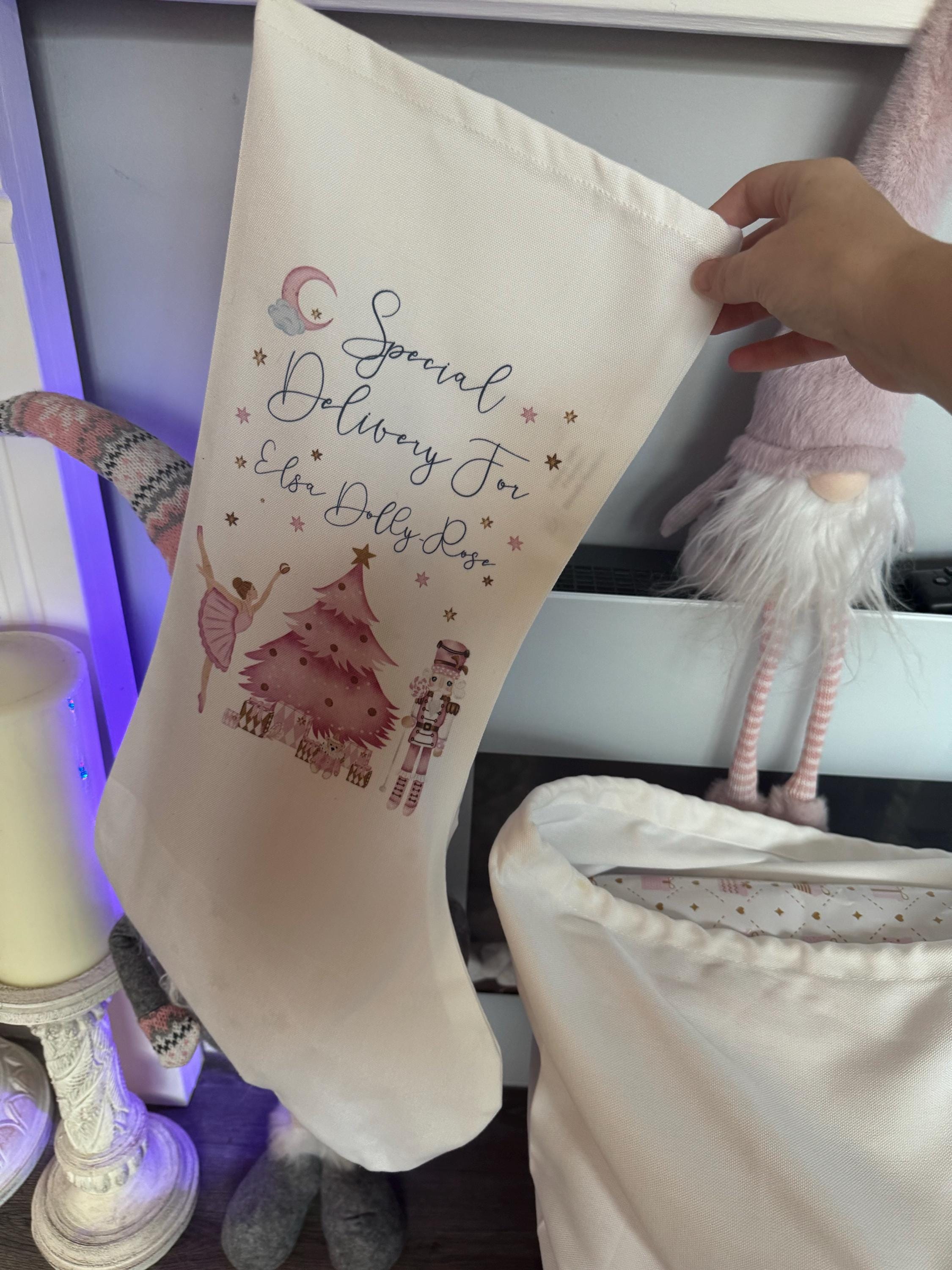 personalised santa sack, Christmas sack, Christmas nutcracker, sugar plum fairy, girl, boy, Christmas Eve box, first Christmas gift, pink
