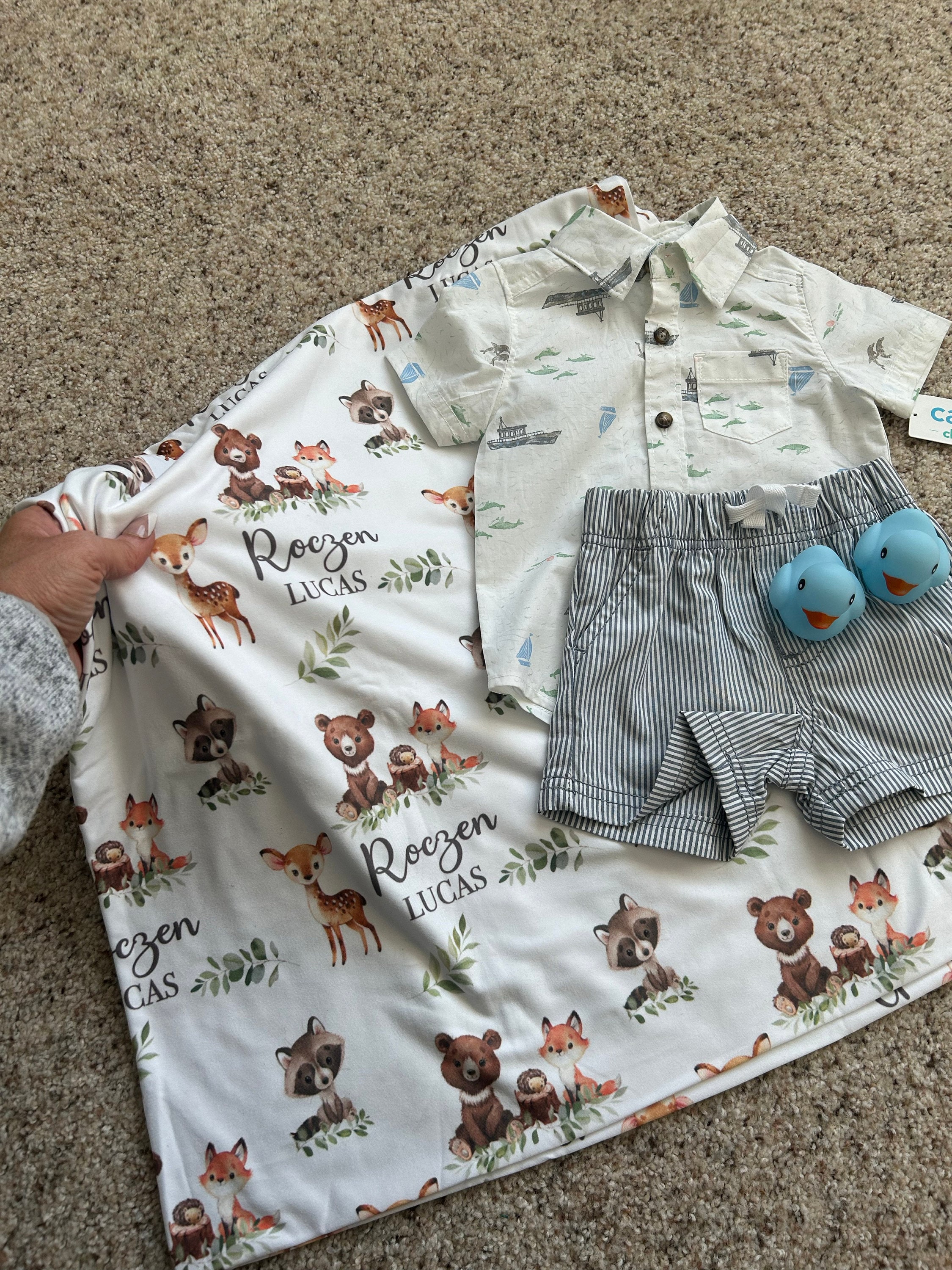 Woodland Swaddle set -Personalized Baby Boy Blanket Hat Set -Woodland Baby Shower Gift  -Forest Animal Blanket -Hospital Home Outfit -S568