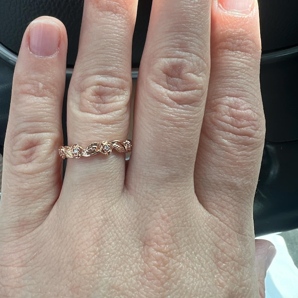 Vintage Solid 14K Yellow Gold Floral Wedding Band Full Eternity Diamond ...
