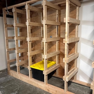 27 Gallon Tote Rack Plans, Tote Garage Storage Shelves, Organization Storage Plans, Basement Organizer, Lowes and Sams Club Totes Bag Holder