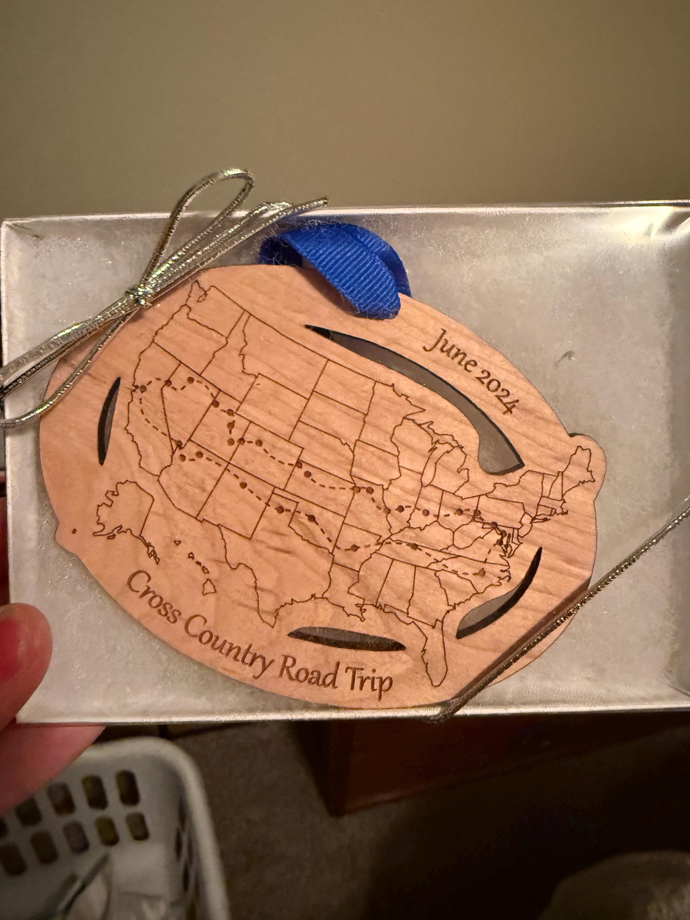 Custom Text and Cities US Map ornament, Road Trip Travel Ornament, long distance relationship, 50 state marathons