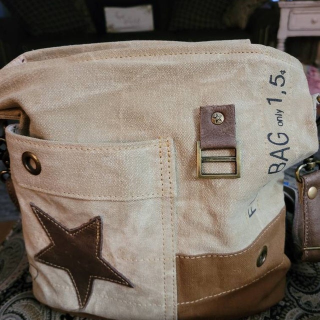 Myra Bag womens Star Denim Upcycled Canvas Cotton & Leather Shoulder Bag  S-1627: Handbags
