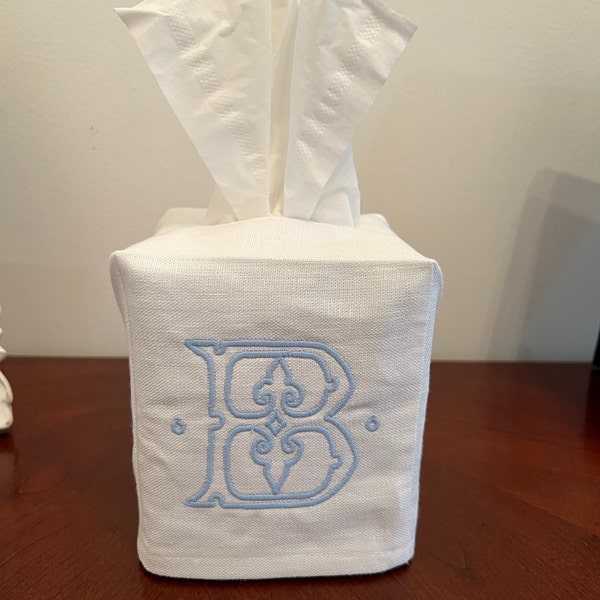 Floral Monogram White Linen Tissue Box Cover - New